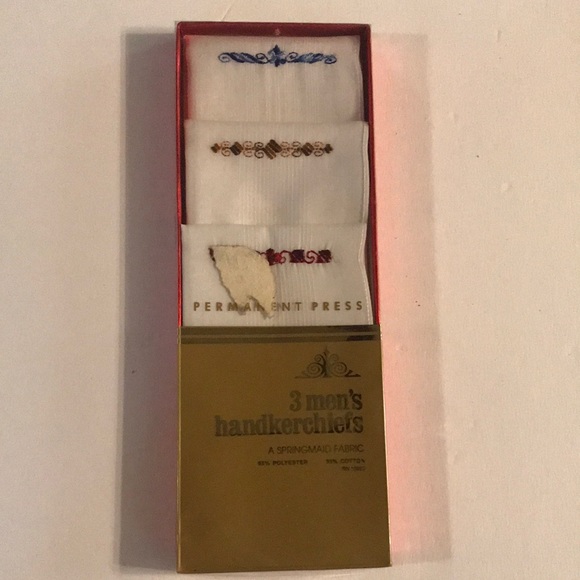 Handkerchief Set of 3 Blue, Brown and Red Stitching still pinned in box … - Picture 3 of 10